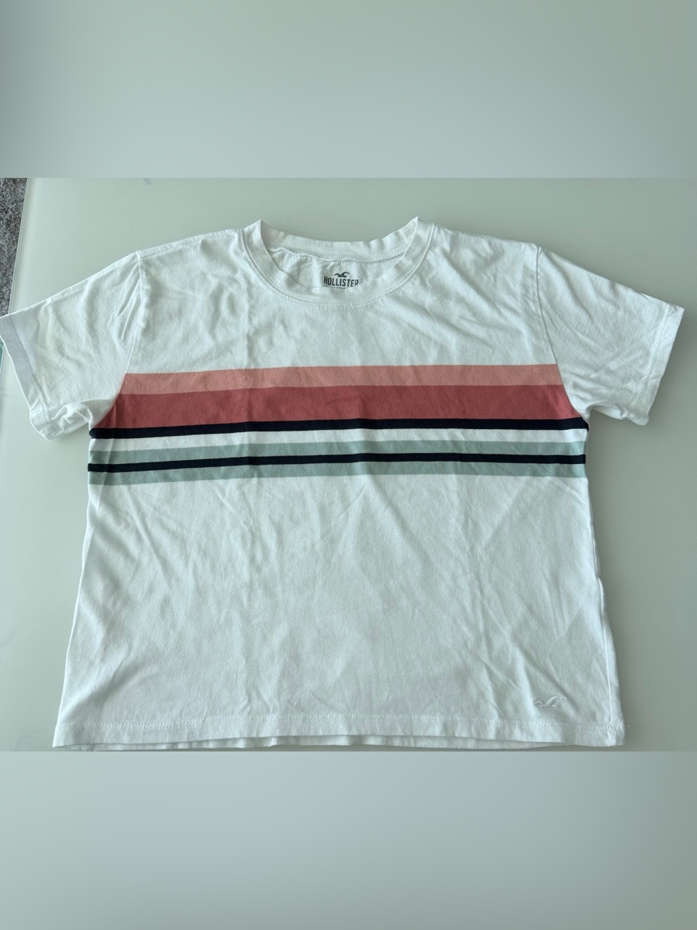 Hollister White Short Sleeve Tee with Coral, White & Blue Stripes